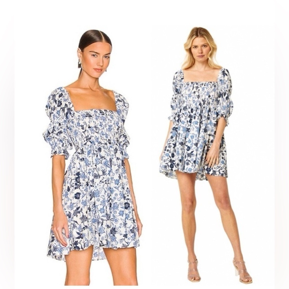 Misa Los Angeles Zadie Blue Floral Smock Babydoll Mini Dress Coquette Beach